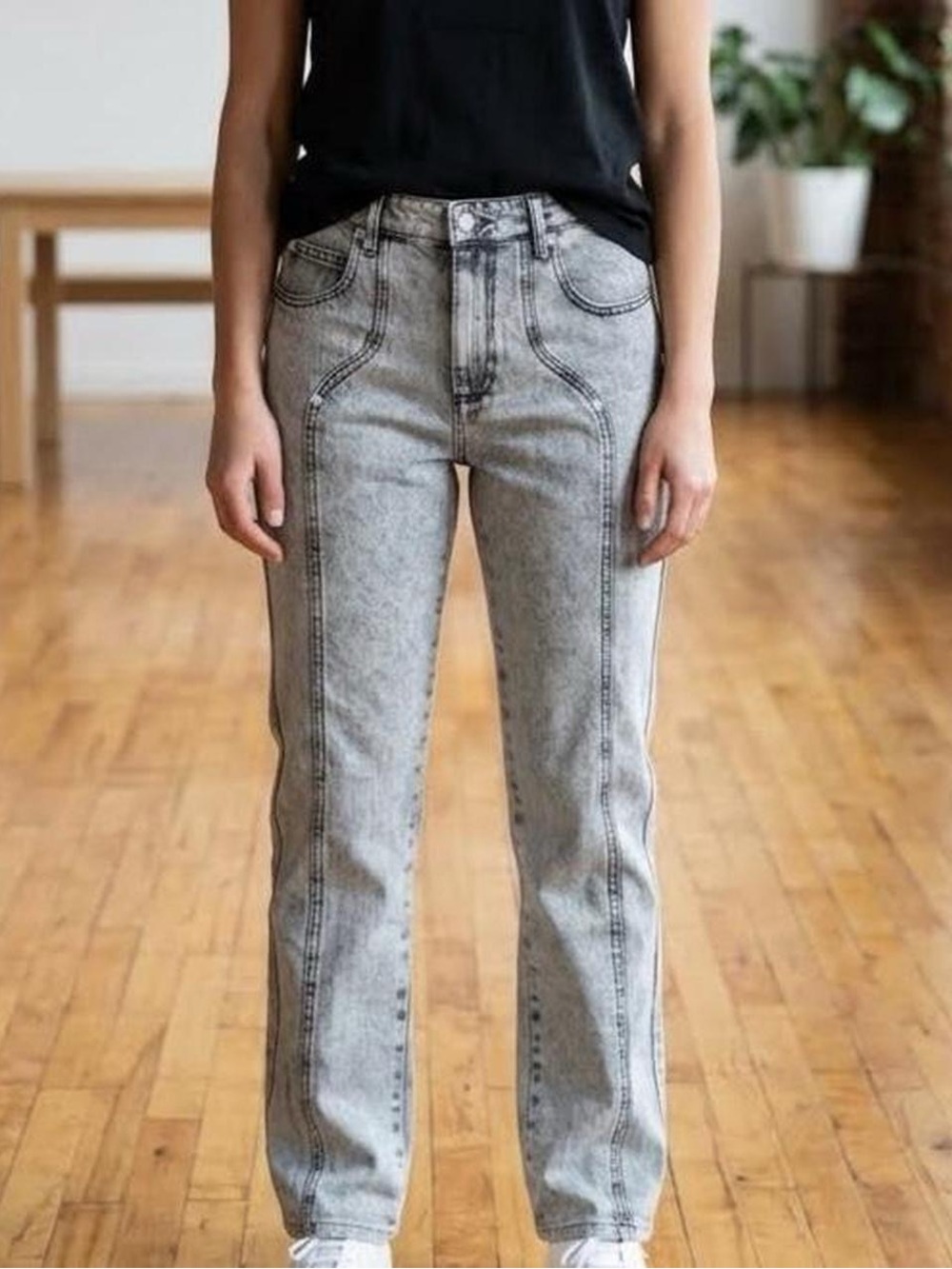 Marant Etoile Hominy Pintucked Acid Wash High Rise Jeans Grey Size 36 US 4